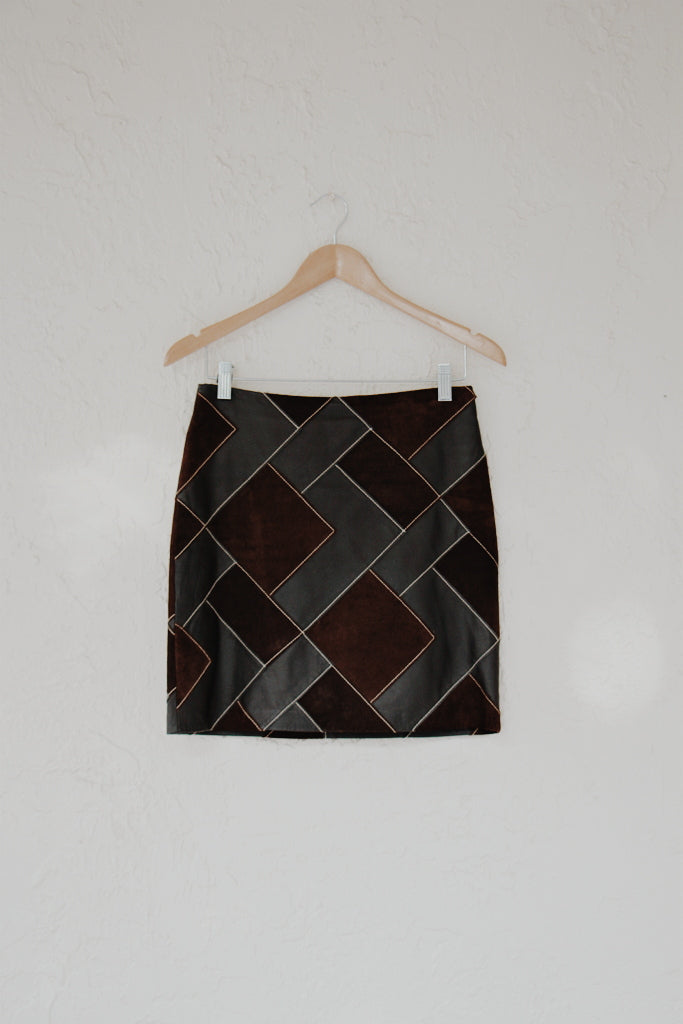 Laundry by Shelli Segal Y2K Brown Leather Patchwork Mini Skirt
