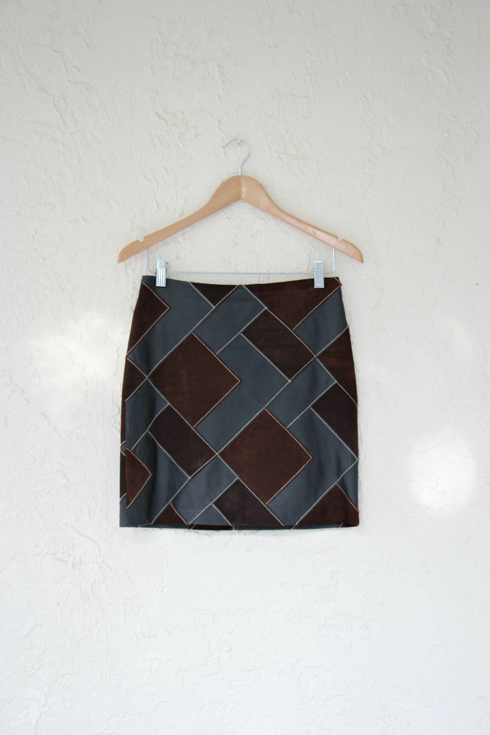 Laundry by Shelli Segal Y2K Brown Leather Patchwork Mini Skirt