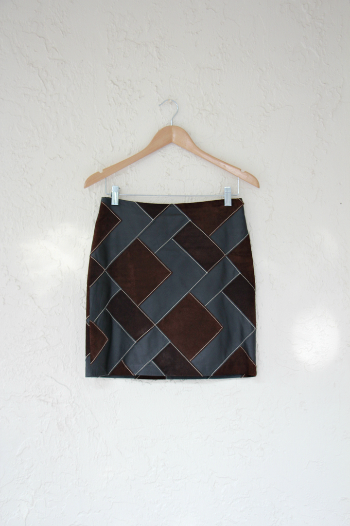 Laundry by Shelli Segal Y2K Brown Leather Patchwork Mini Skirt