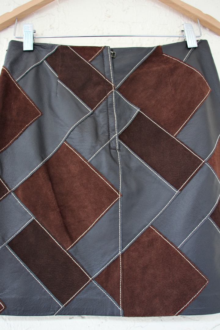 Laundry by Shelli Segal Y2K Brown Leather Patchwork Mini Skirt