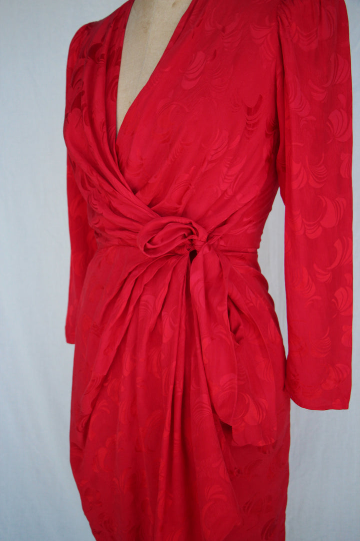 80's Argenti Vintage Red Floral Jacquard Silk Wrap Dress