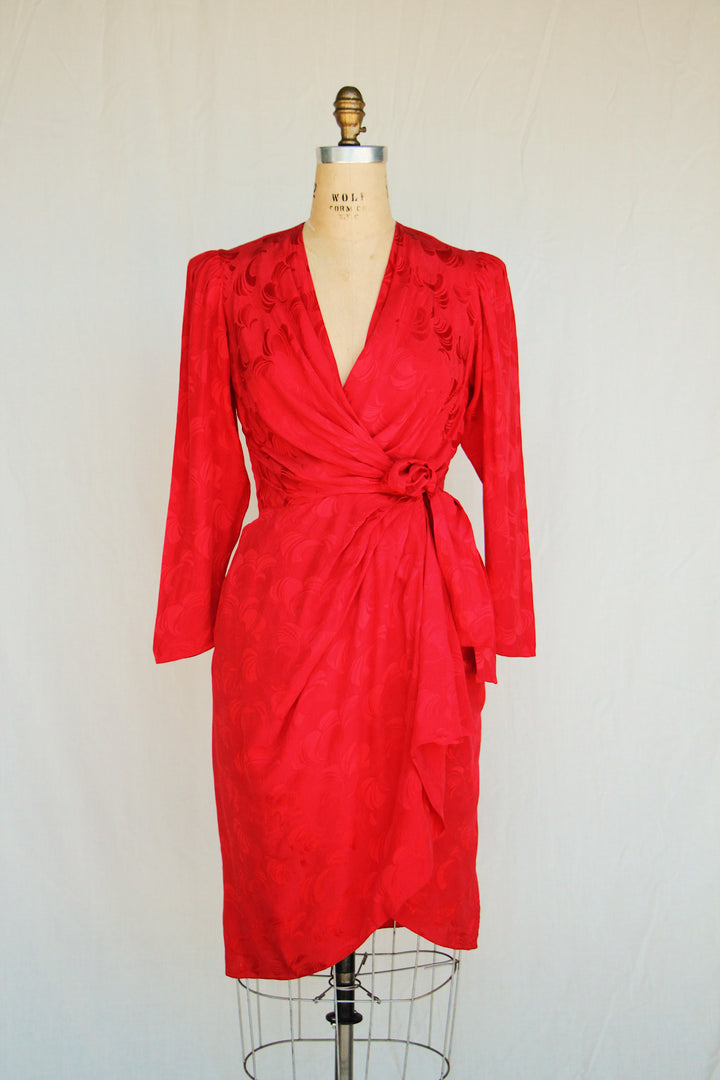 80's Argenti Vintage Red Floral Jacquard Silk Wrap Dress