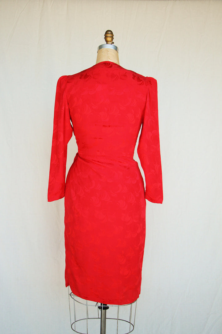 80's Argenti Vintage Red Floral Jacquard Silk Wrap Dress