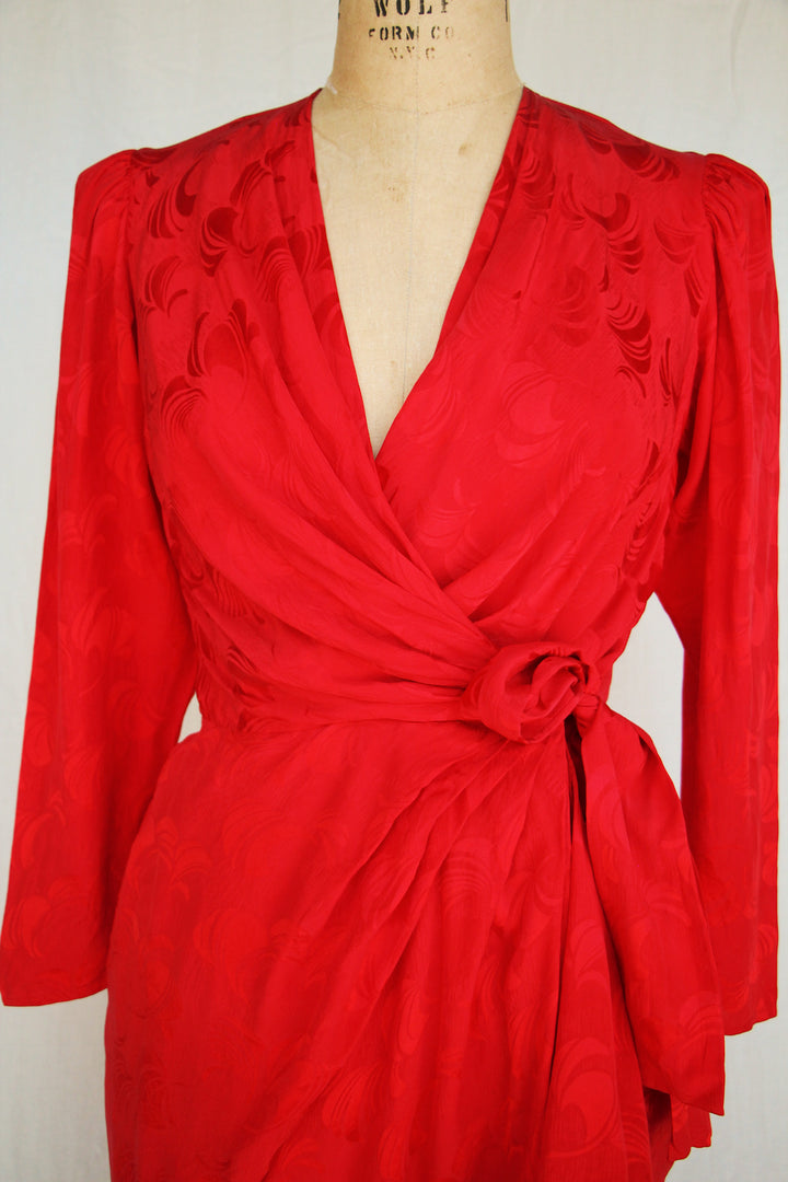 80's Argenti Vintage Red Floral Jacquard Silk Wrap Dress