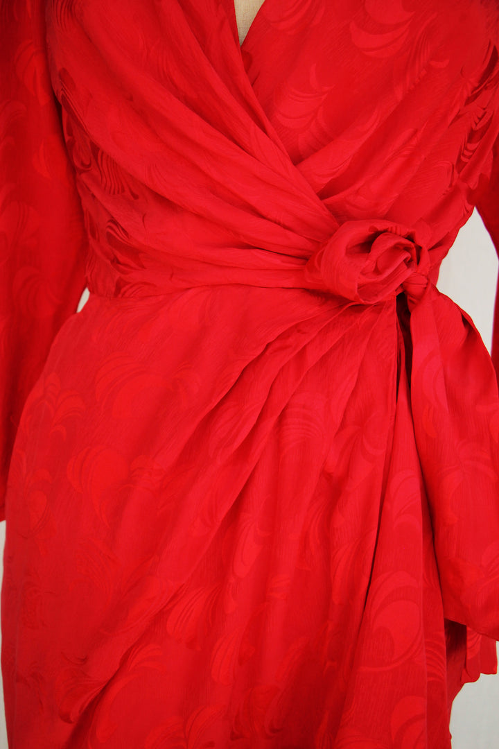 80's Argenti Vintage Red Floral Jacquard Silk Wrap Dress