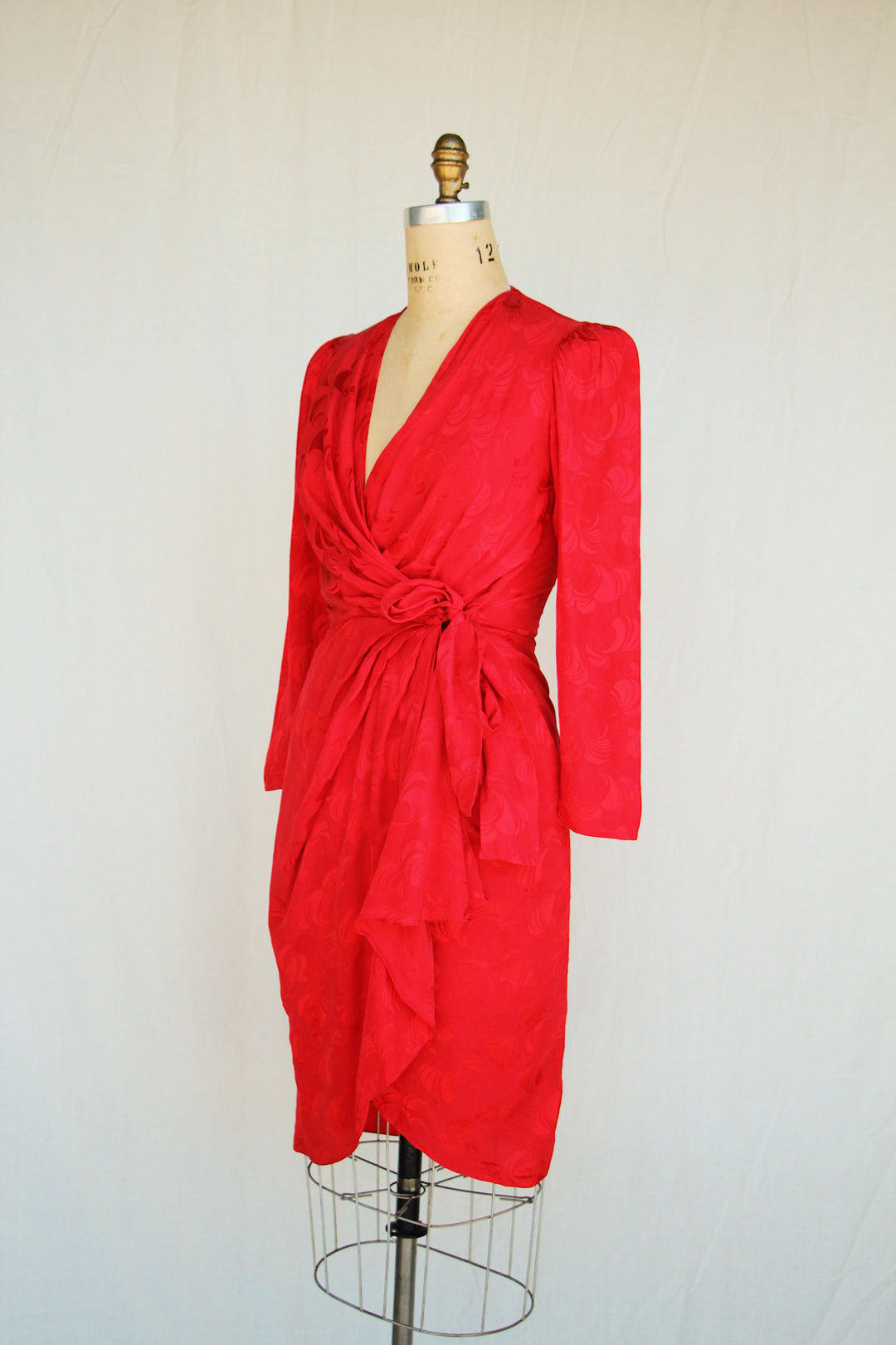 80's Argenti Vintage Red Floral Jacquard Silk Wrap Dress