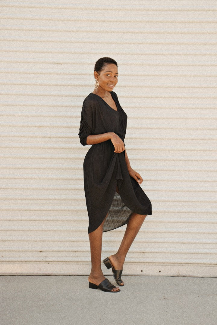 Winter Bliss Black Pleated Midi Dress